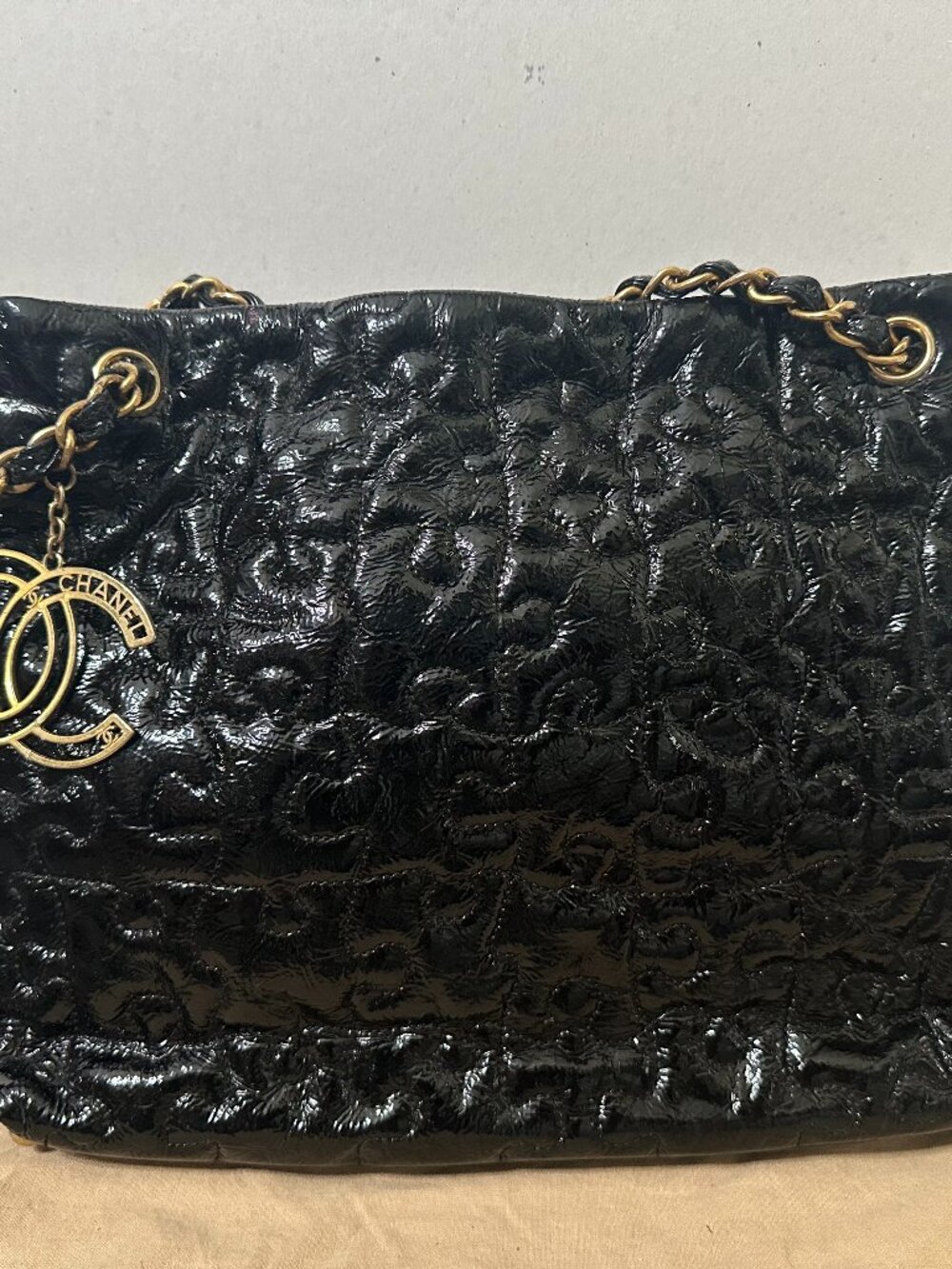 Authentic Chanel Patent Leather Puzzle Tote Black Gold CC Medallion Chain 2008 K